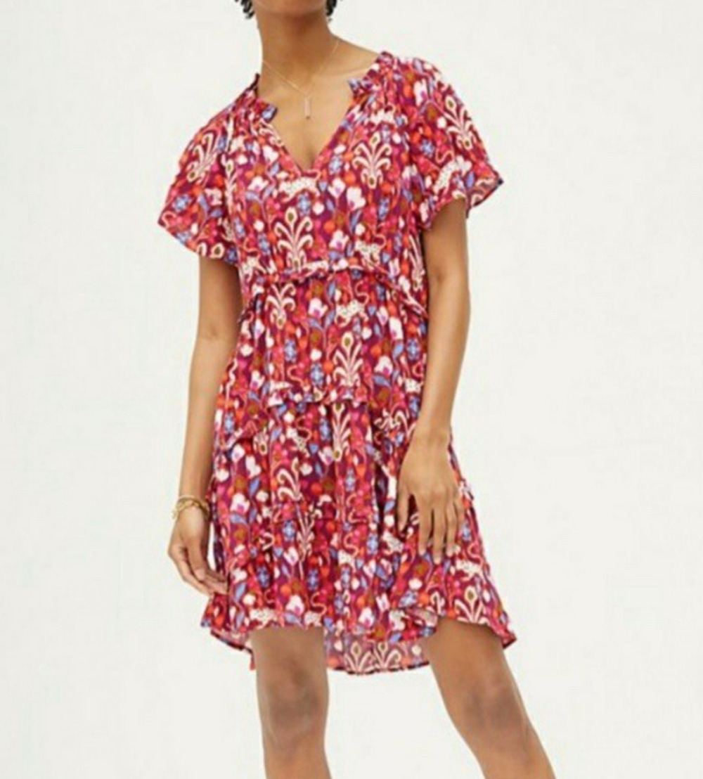 Anthropologie Robin Tiered Mini Dress Small Red Floral Flutter Sleeve Boho Flowy